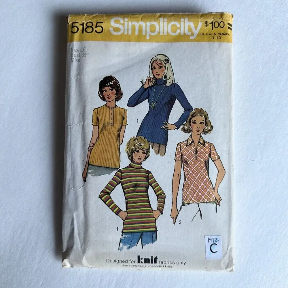 Vintage Simplicity 5185 Stretch Knit Tops Collarless Collared  Sz 16 CUT 1970s